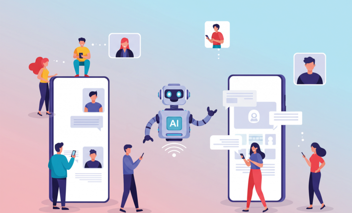 An icon image of AI represented by a robot and people connecting around it. 